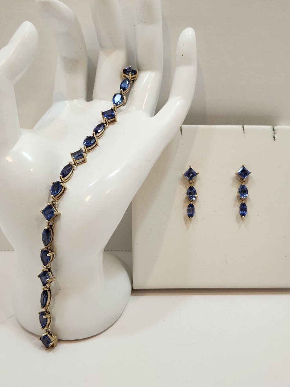 Vintage Solid 10K/14K Gold Simulated Sapphire Bracelet & Earrings Set